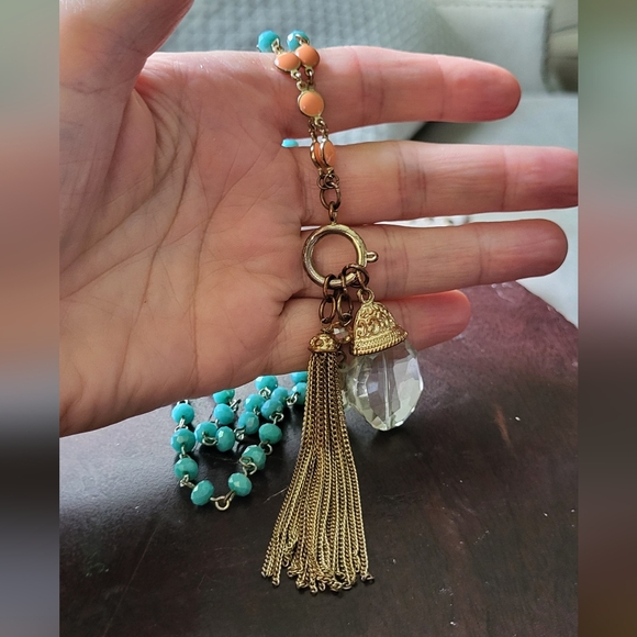 Vintage Blue and Gold Necklace with Crystal Pendant - Picture 4 of 8